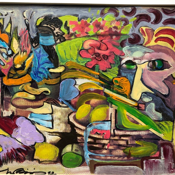 “Apple Picking” original abstract acrylic painting matted 11x14” signed artwork - Picture 3 of 7